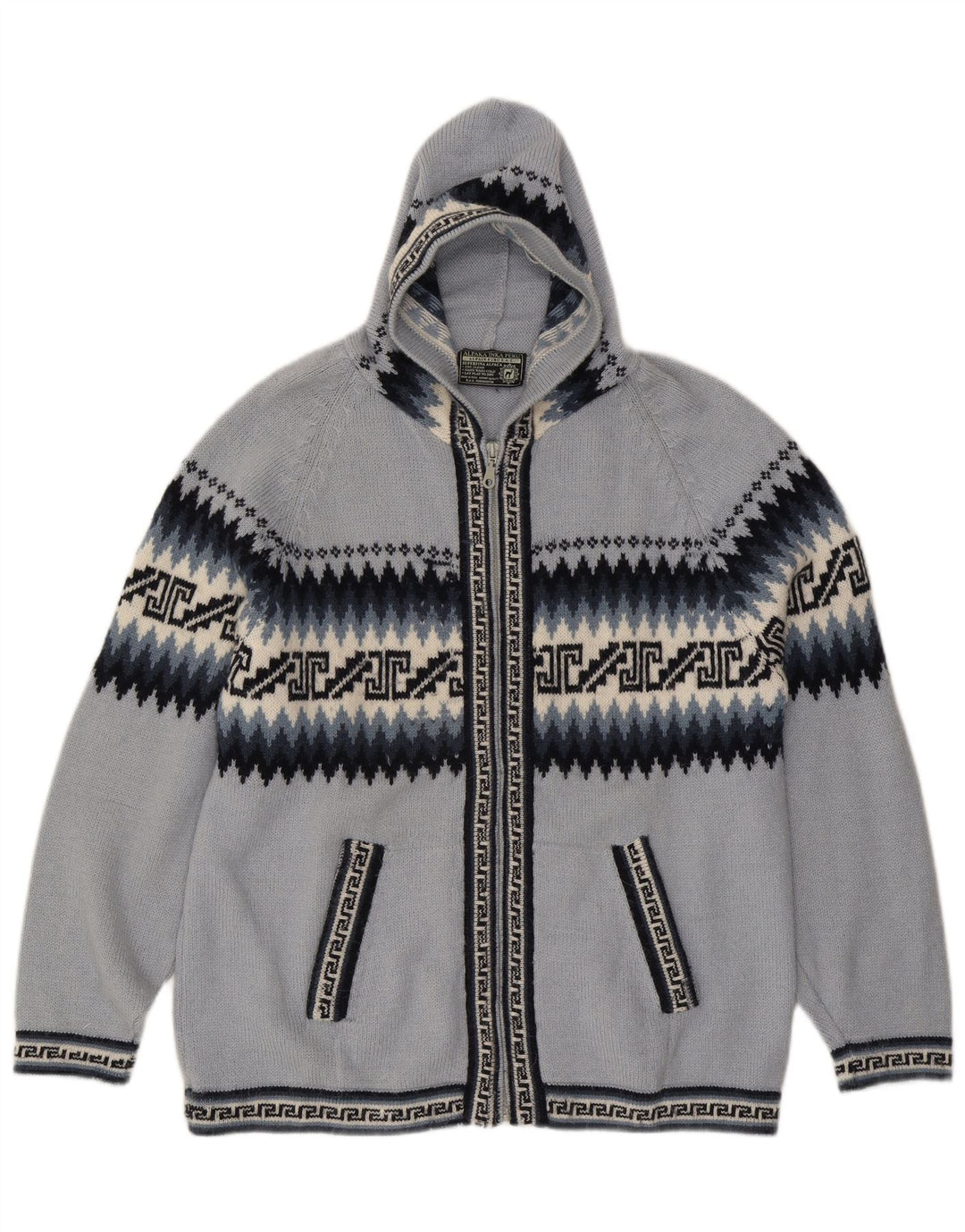 Damen-Cardigan mit Kapuze, Gr. 16, groß, blau, geometrisch