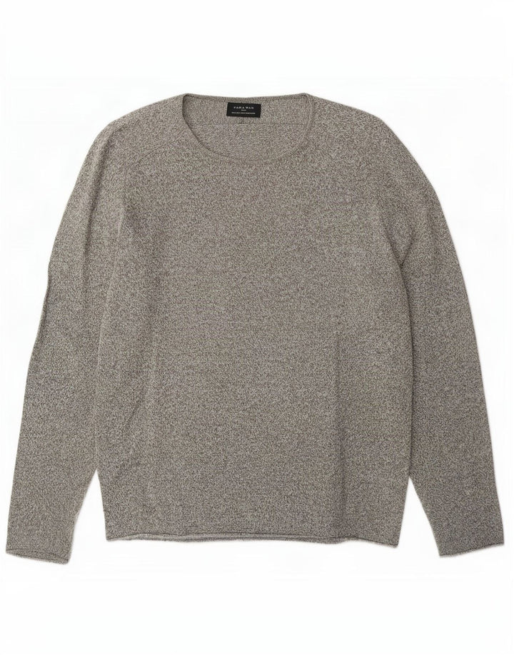 Zara Herren-Pullover mit U-Boot-Ausschnitt, groß, grau gefleckte Baumwolle