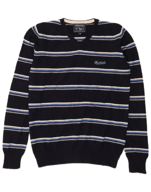 Woolrich Jungen-Pullover mit V-Ausschnitt, 11–12 Jahre, marineblau gestreifte Wolle