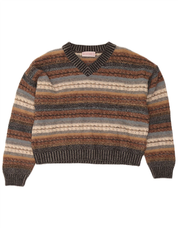 Stefanel Damen-Pullover mit V-Ausschnitt, Gr. 14, groß, mehrfarbig gestreift
