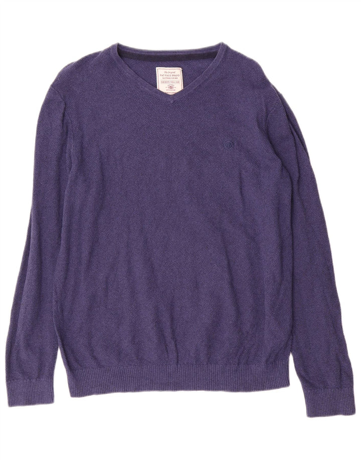 Fat Face Herren-Pullover mit V-Ausschnitt aus mittelblauer Baumwolle