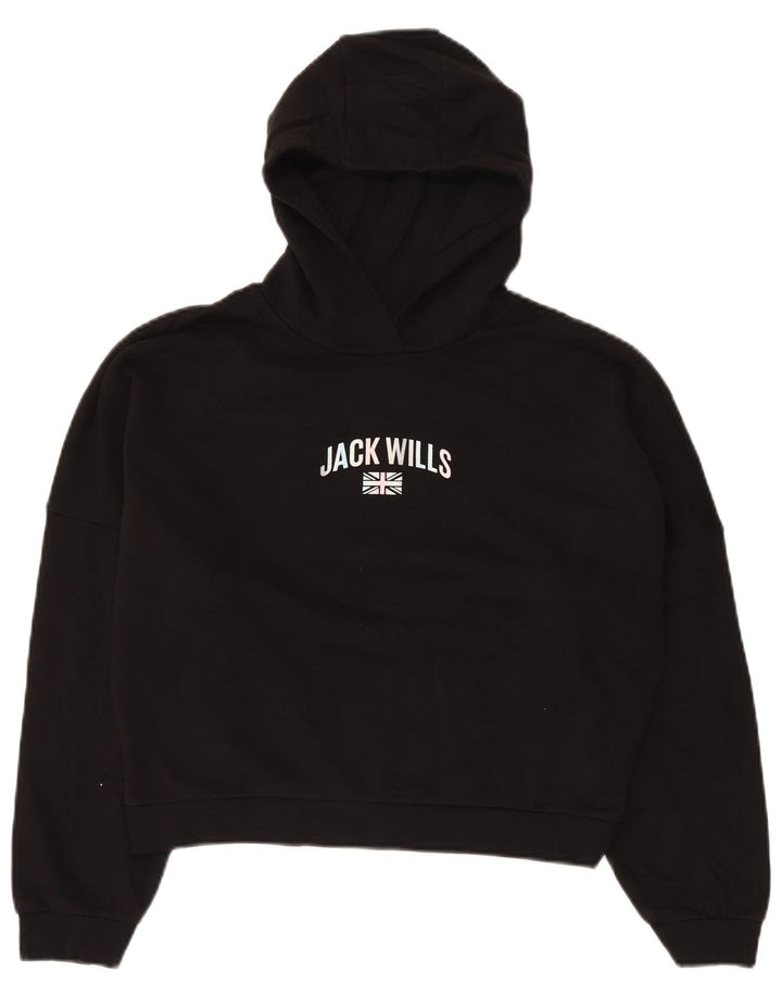 JACK WILLS Mädchen-Pullover mit übergroßem, bauchfreiem Grafik-Kapuzenpullover, 14–15 Jahre, Schwarz