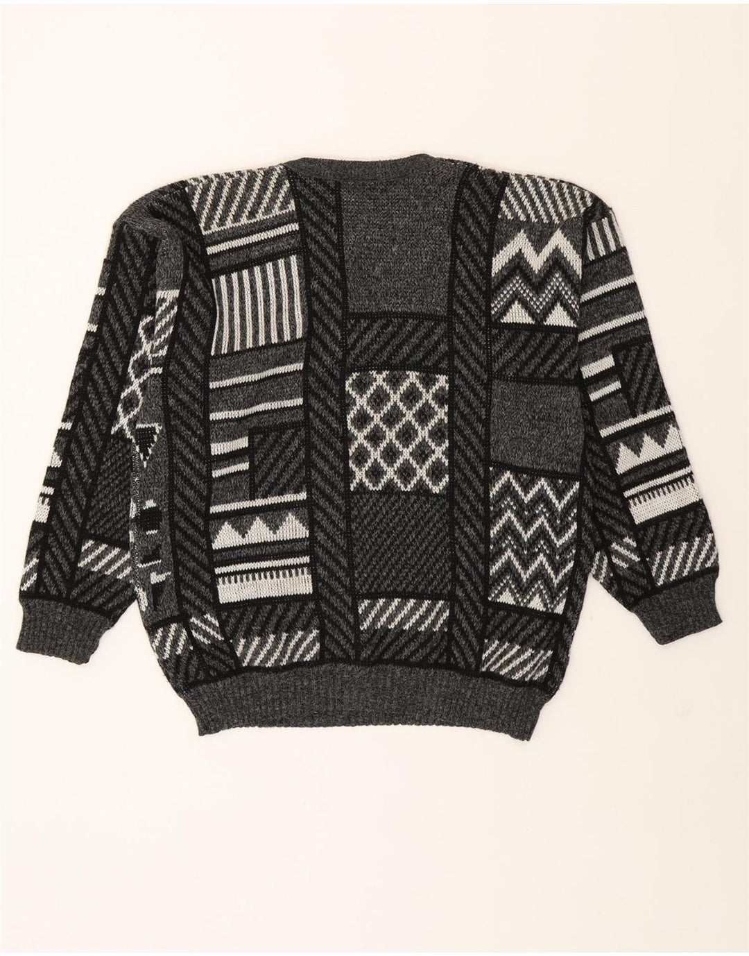 VINTAGE Mens V-Neck Jumper Sweater Large Grey Geometric Acrylic Vintage Vintage and Second-Hand Vintage from Messina Hembry 