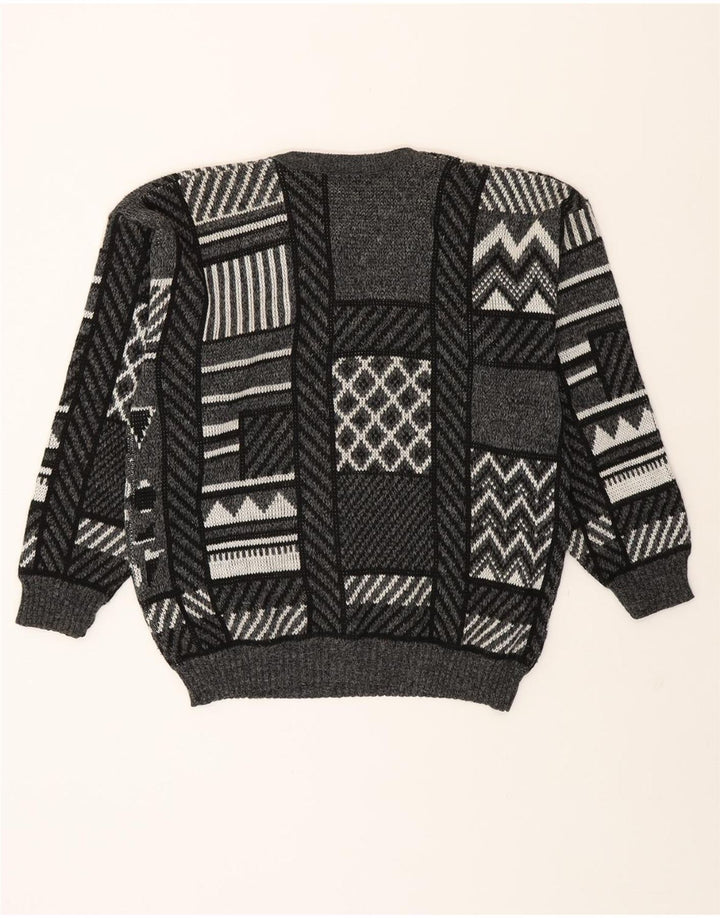 VINTAGE Mens V-Neck Jumper Sweater Large Grey Geometric Acrylic Vintage Vintage and Second-Hand Vintage from Messina Hembry 