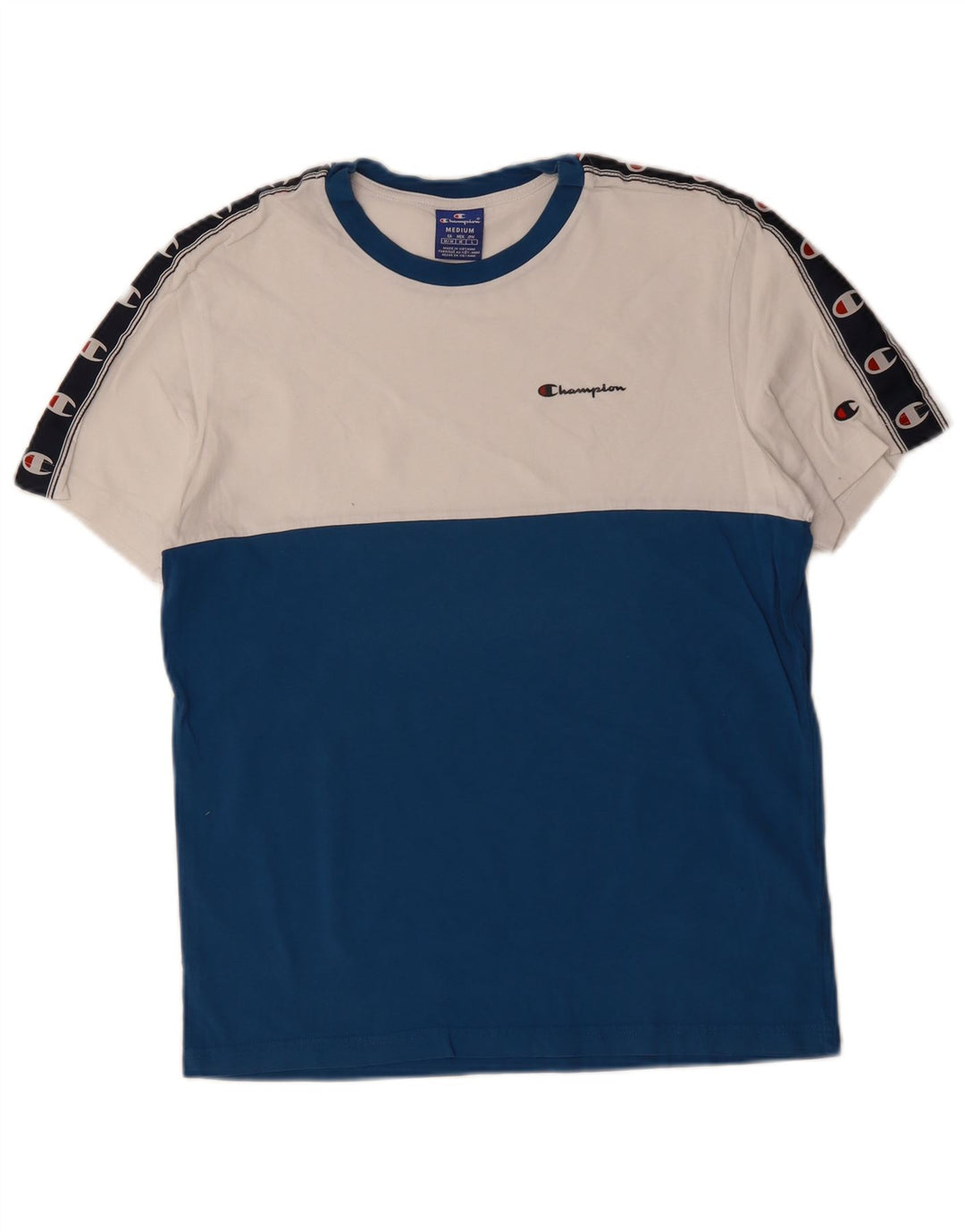 Champion Herren Grafik-T-Shirt-Oberteil aus mittelblauer Colourblock-Baumwolle