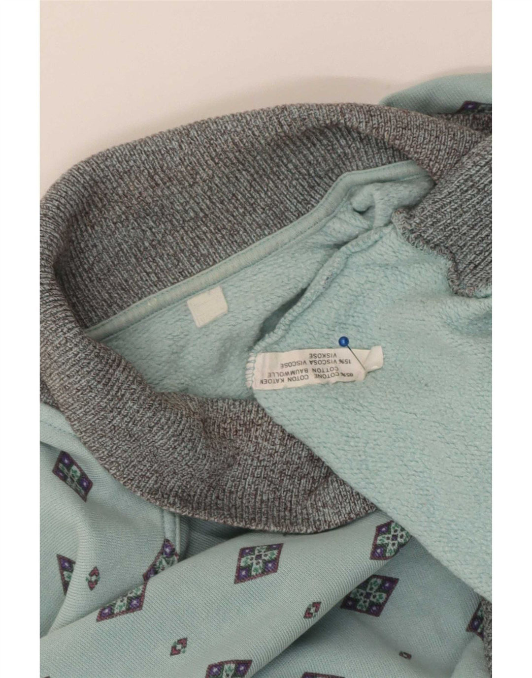 Vintage Herren Polo-Hals-Sweatshirt-Pullover aus mittelblauer, geometrischer Baumwolle