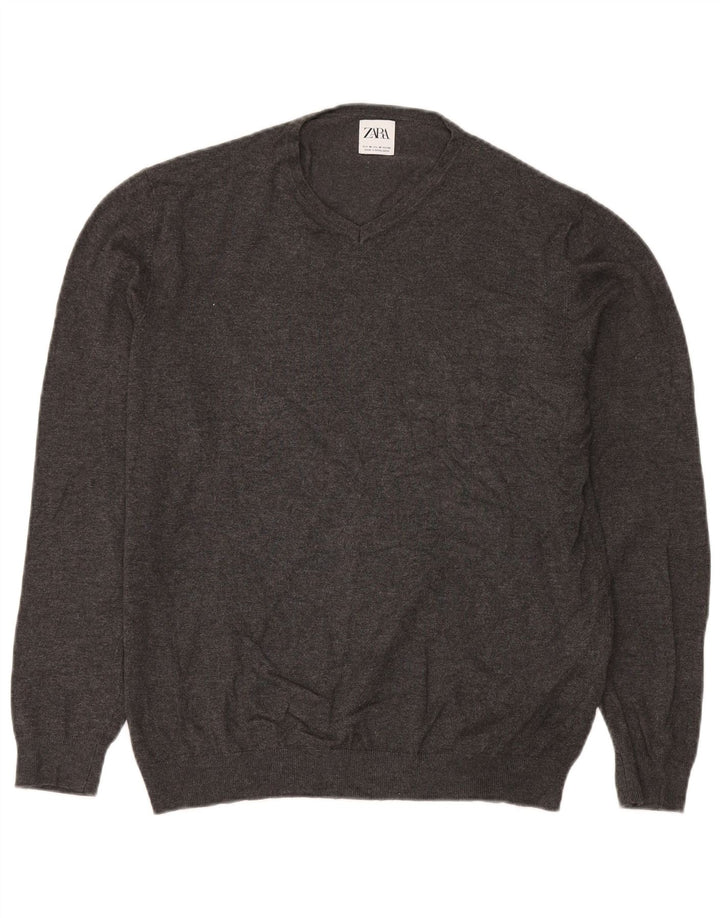 ZARA Herren-Pullover mit V-Ausschnitt, mittelgraue Viskose