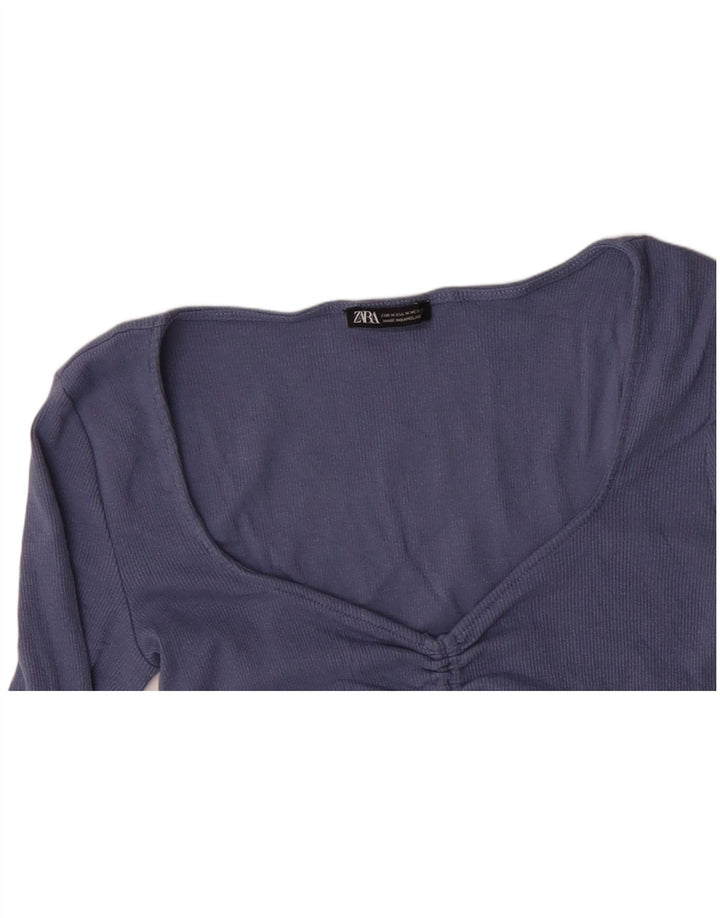 ZARA Damen Crop Top Langarm UK 12 Mittelblaue Baumwolle
