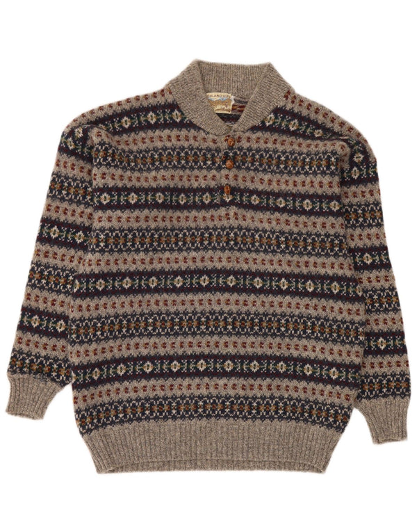 Highland Glen Herren-Pullover mit Knopfkragen, mittelgraue Fair-Isle-Wolle