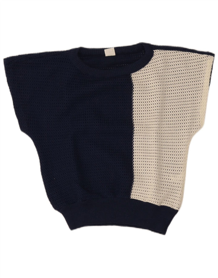 Vintage Damen-Pullover mit U-Boot-Ausschnitt, IT 42, mittleres Marineblau, Farbblock