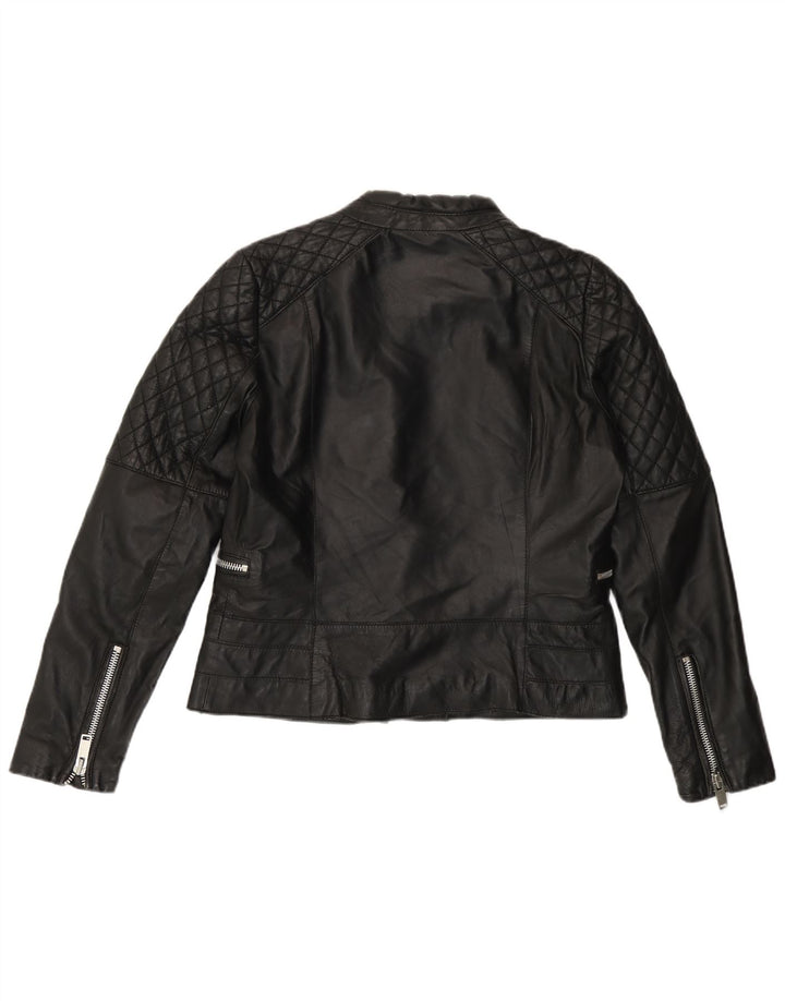 Mango Damen Leder Bikerjacke UK 16 Large Schwarzes Leder