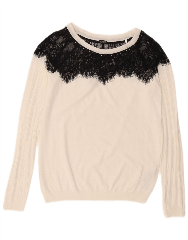 Guess Damen-Pullover mit U-Boot-Ausschnitt, UK 12, Mittelweiß, Farbblock