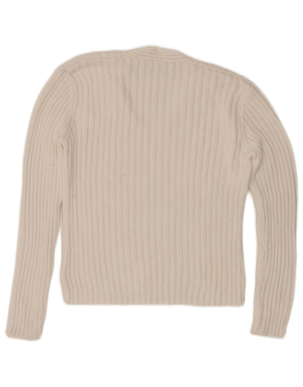 Benetton Damen-Pullover mit V-Ausschnitt, Gr. 10, Größe S, weiße Baumwolle