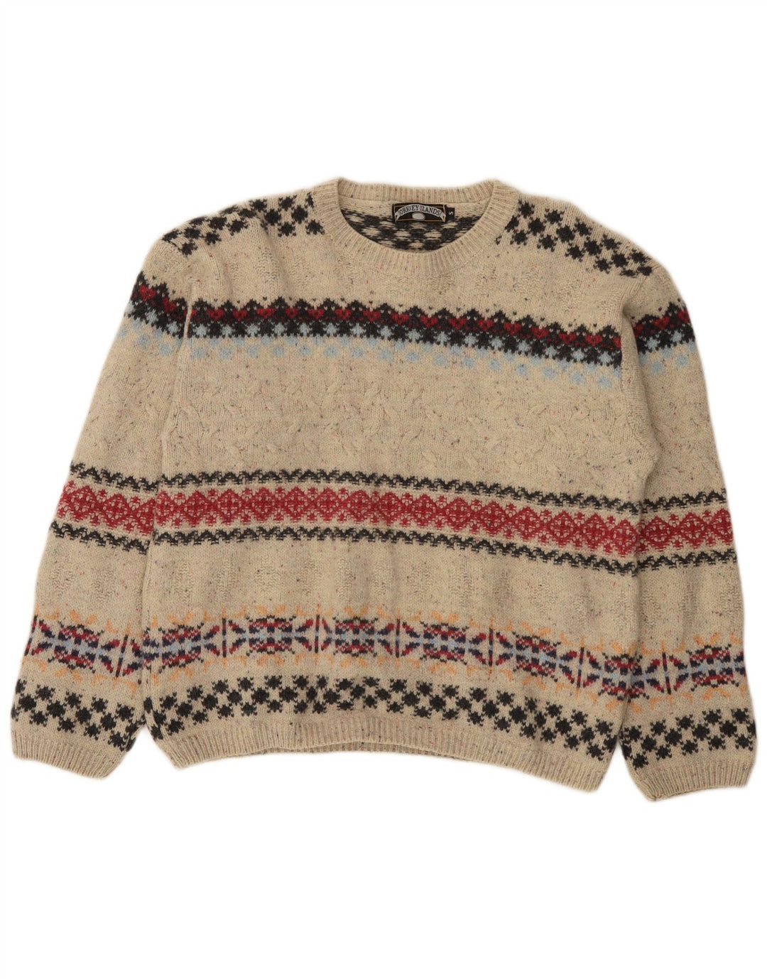 Vintage Herren-Pullover mit Rundhalsausschnitt, kleine beige Fair-Isle-Wolle