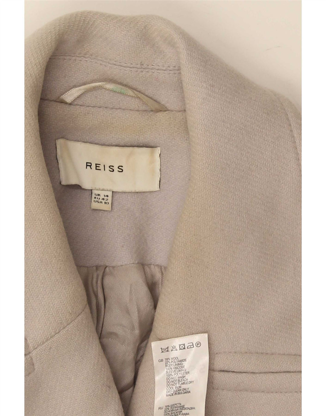 Reiss Kurzer zweireihiger Damenmantel UK 14 Große graue Wolle