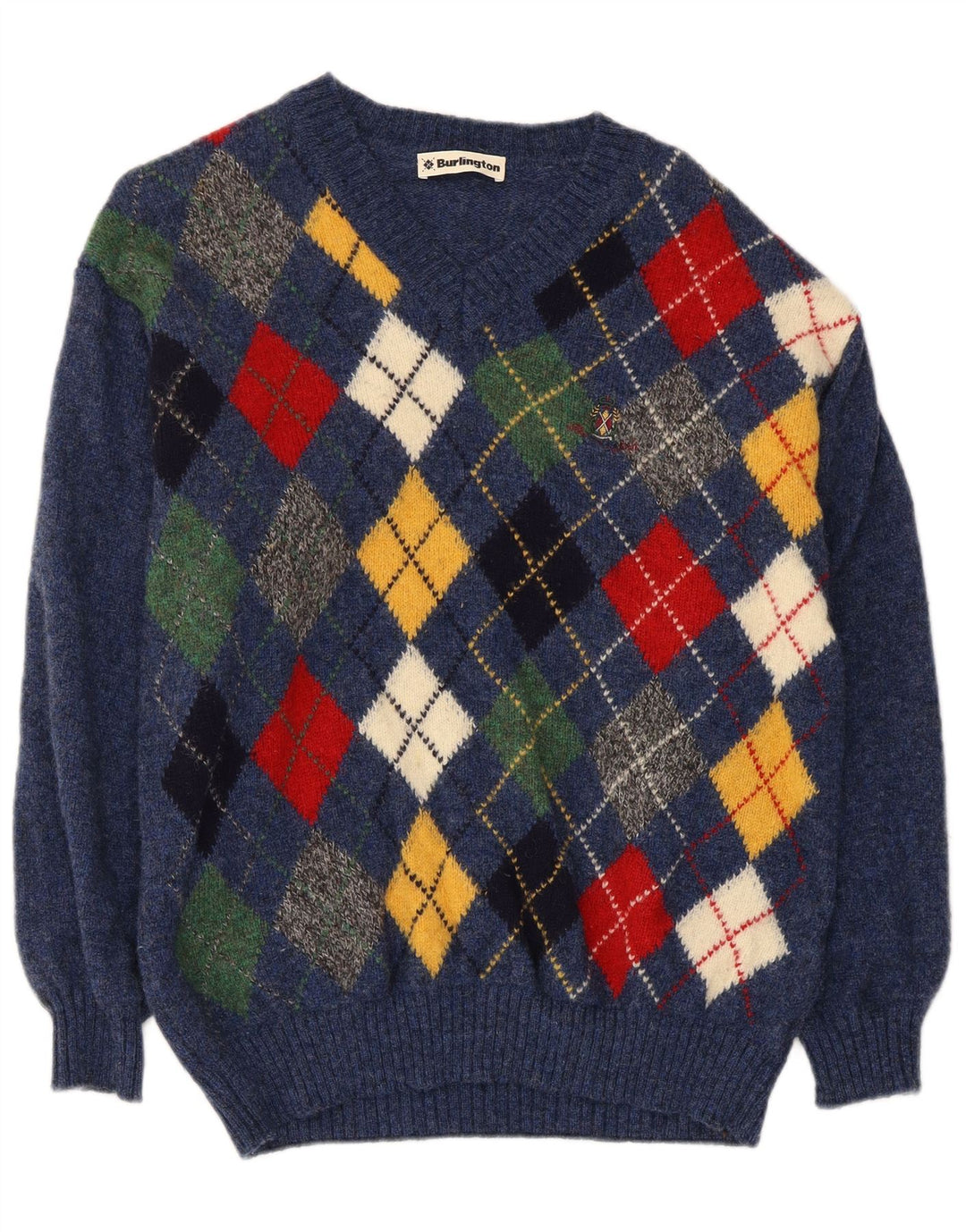 Burlington Herren-Pullover mit V-Ausschnitt, mittelblaue Argyle/Diamant-Schurwolle
