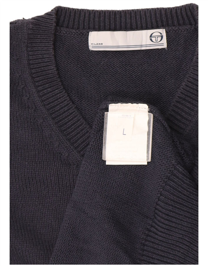Sergio Tacchini Herren-Pullover mit V-Ausschnitt, groß, marineblaue Baumwolle
