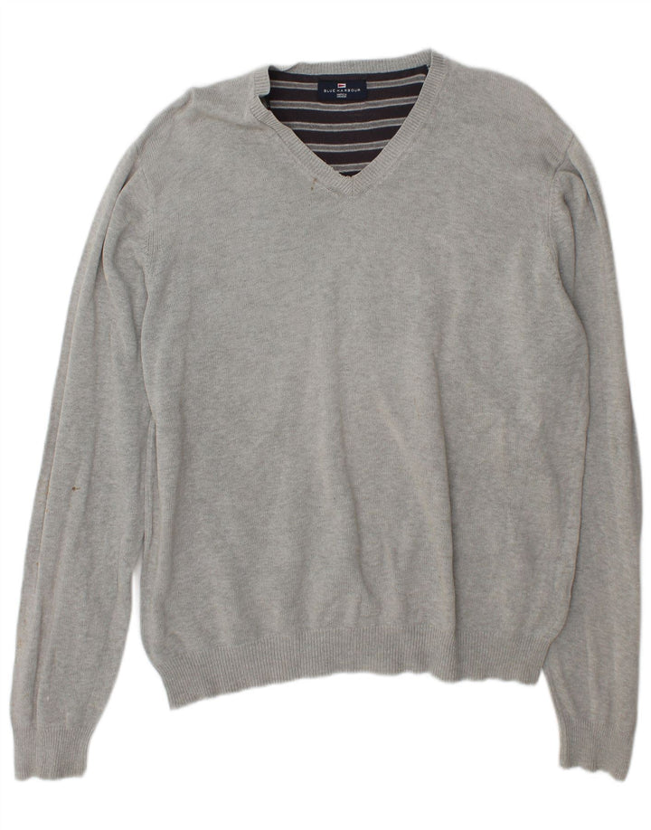 Marks & Spencer Herren Blue Harbor V-Ausschnitt Pullover Pullover Große graue Baumwolle