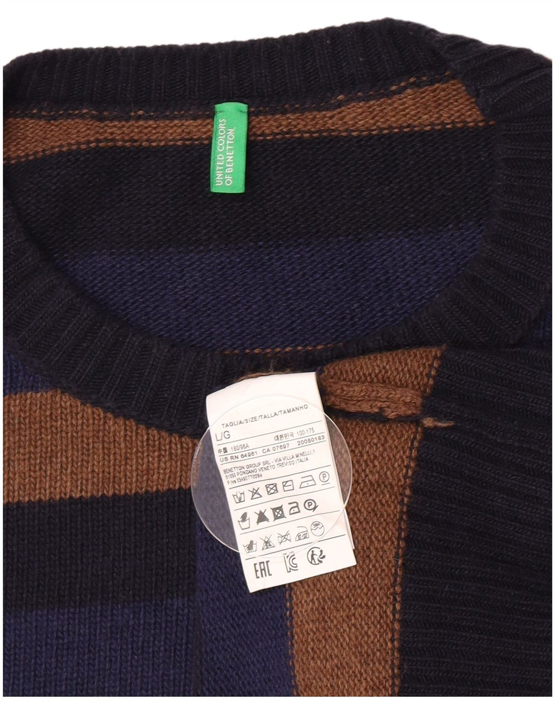Benetton Herren-Pullover mit Rundhalsausschnitt, groß, mehrfarbig gestreift