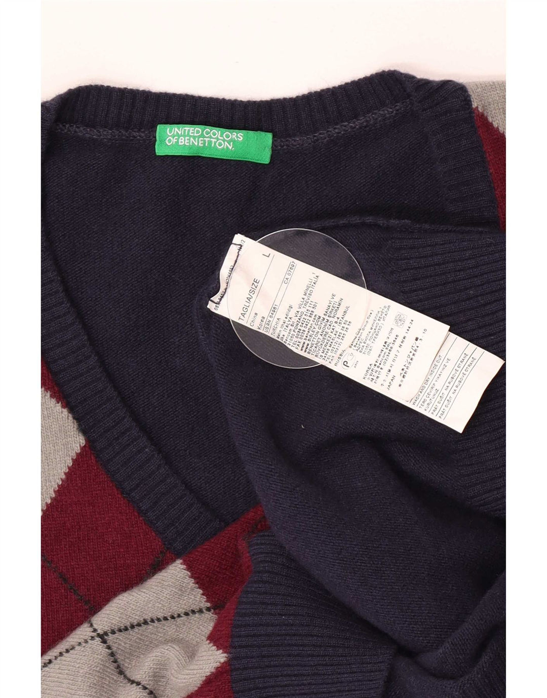 Benetton Herren-Pullover mit V-Ausschnitt, groß, marineblau, Argyle-/Diamant-Wolle