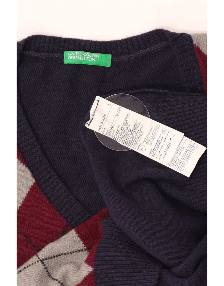 Benetton Herren-Pullover mit V-Ausschnitt, groß, marineblau, Argyle-/Diamant-Wolle