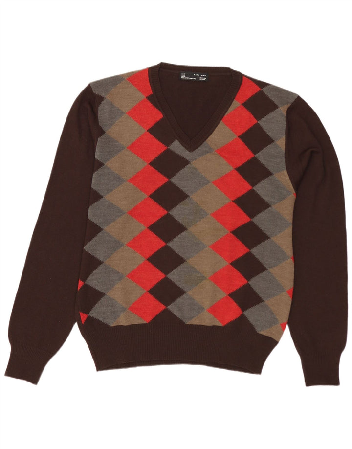 Zara Herren-Pullover mit V-Ausschnitt, mittelbraun, Argyle/Diamant