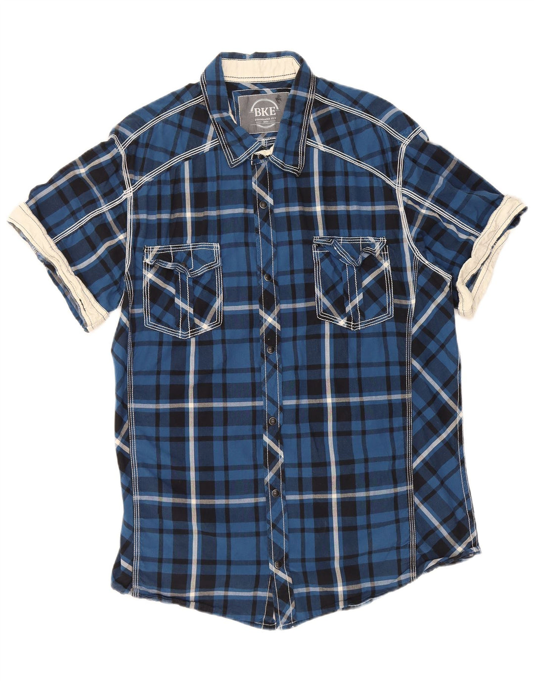 BKE Herren-Hemd, kurzärmelig, Standard-Passform, 2XL, blau kariert, Baumwolle