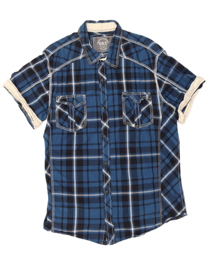 BKE Herren-Hemd, kurzärmelig, Standard-Passform, 2XL, blau kariert, Baumwolle