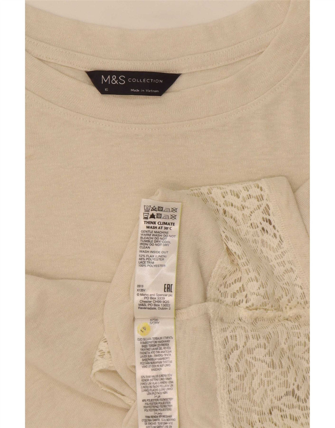 Marks & Spencer Damen Übergroßes T-Shirt-Oberteil UK 16 Large Beige Leinen