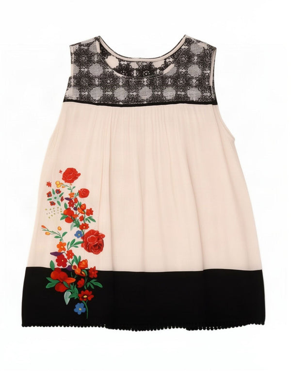 Desigual Damen ärmelloses Blusenoberteil UK 14 Großes weißes Blumenmuster aus Polyester