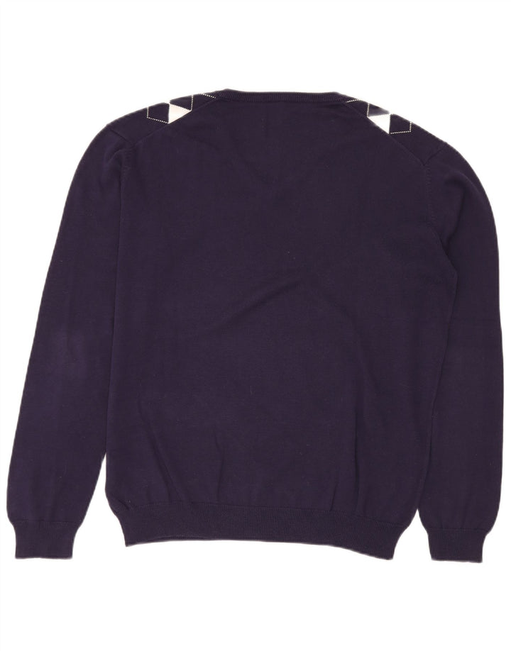 VINTAGE Herren-Pullover mit V-Ausschnitt, mittlere marineblaue Argyle-/Diamant-Baumwolle