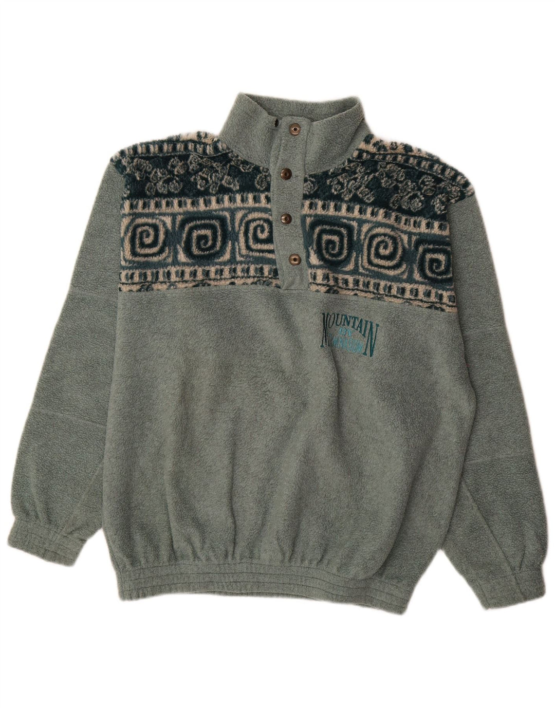 Gymnasium Herren-Fleecepullover mit Knopfkragen, mittelgrün, geometrisch, Polyester