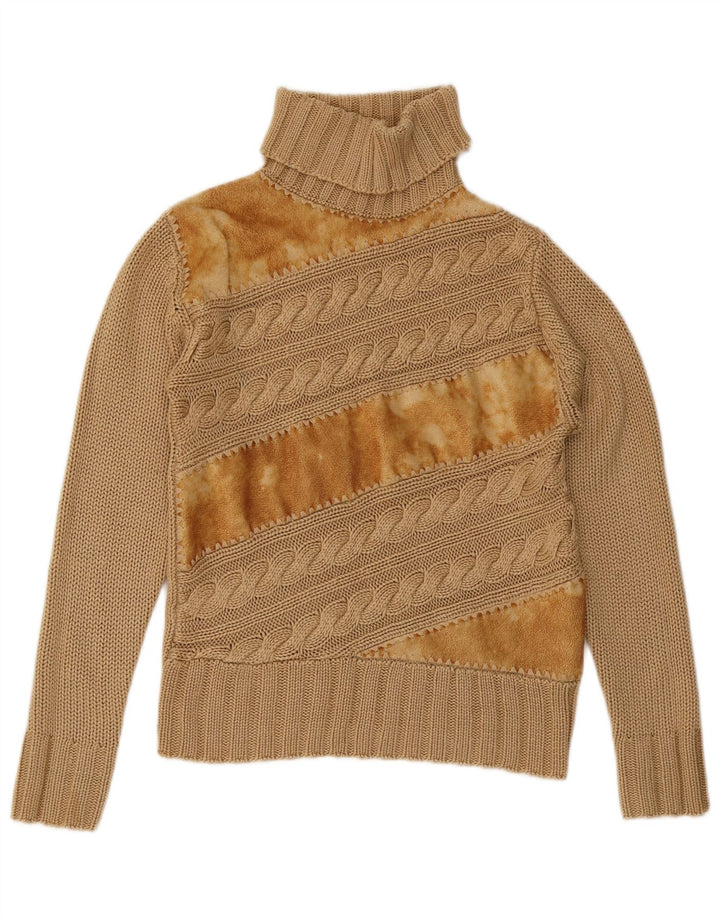 Vintage Damen Rollkragenpullover UK 12 Mittelbraun Farbblock