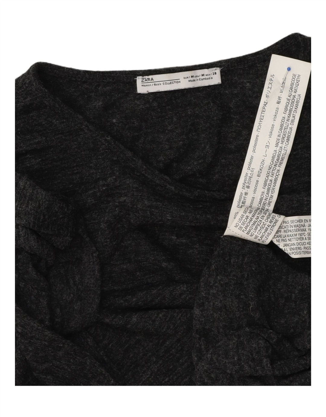 Zara Damen T-Shirt Top UK 12 Mittelgrau geflecktes Polyester