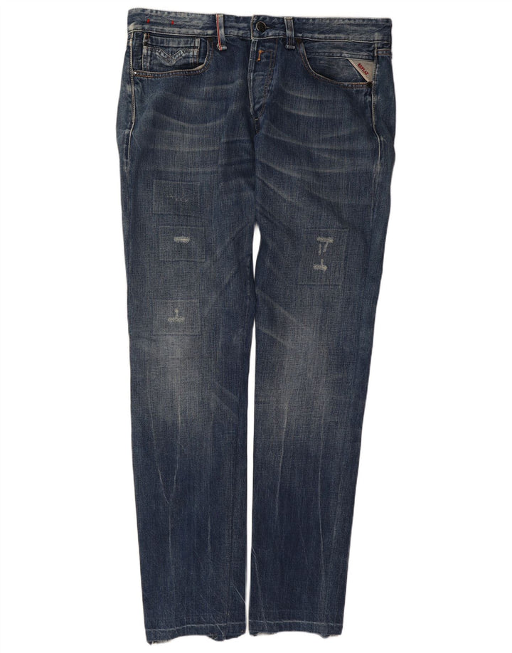 Replay Herren Distressed Slim Jeans W34 L34 Blaue Baumwolle