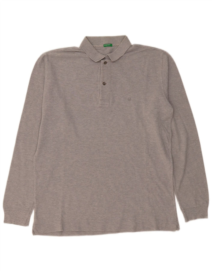 BENETTON Herren-Langarm-Poloshirt Mittelgrau meliert
