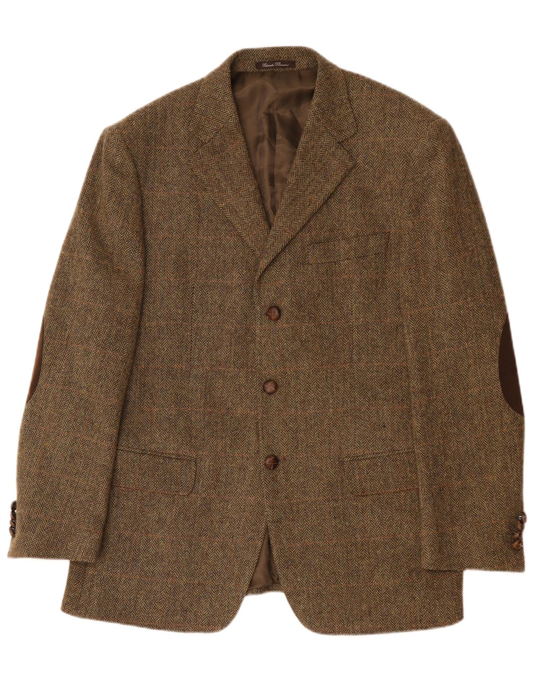 Vintage Herren 3-Knopf-Blazer-Jacke IT 52 XL Khaki Herringbone Wolle