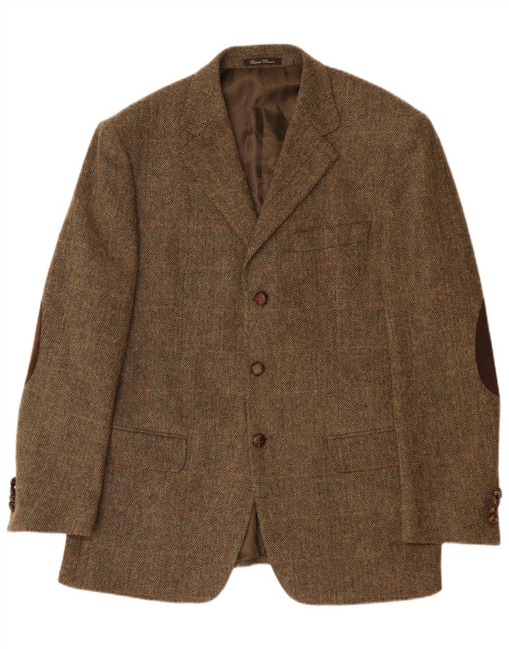 Vintage Herren 3-Knopf-Blazer-Jacke IT 52 XL Khaki Herringbone Wolle