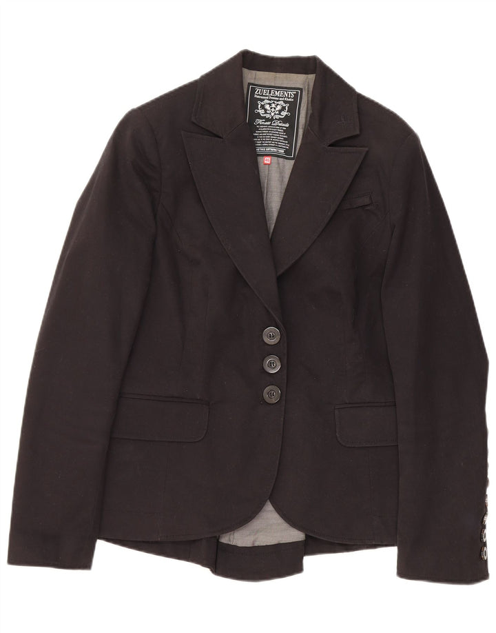 Zu Elements Damen 3-Knopf-Blazerjacke IT 46 Große schwarze Baumwolle