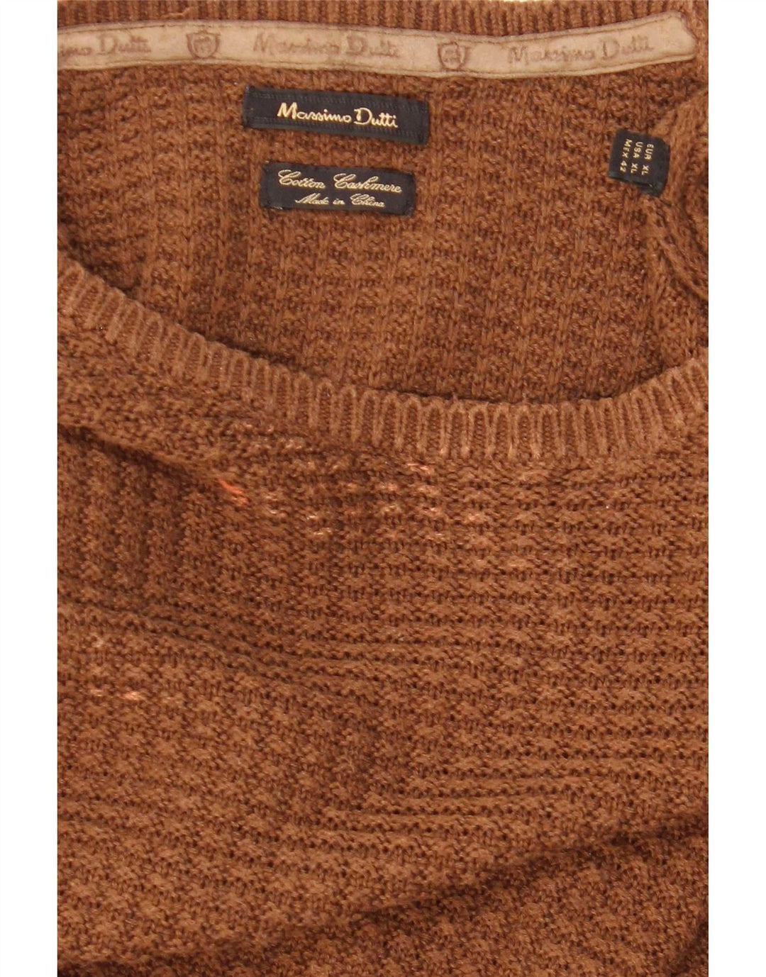 Massimo Dutti Herren-Pullover mit Rundhalsausschnitt, XL, braune Baumwolle