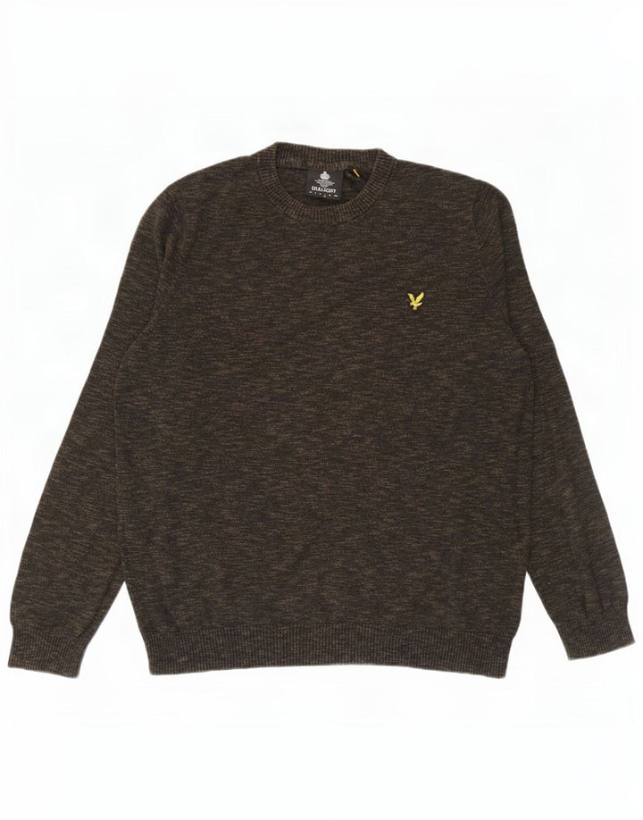 Lyle & Scott Herren-Pullover mit Rundhalsausschnitt, groß, Khaki, gefleckte Baumwolle