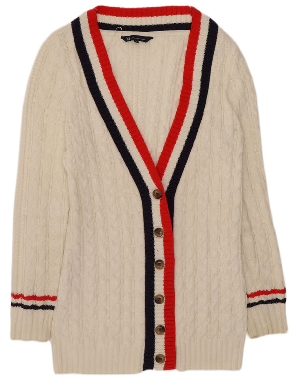Crew Clothing Damen-Cardigan-Pullover UK 12 Mittelweiß gestreifte Baumwolle