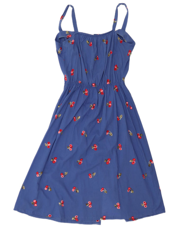 Vintage Damen Grafisches ärmelloses A-Linien-Kleid UK 14 Mittelblau