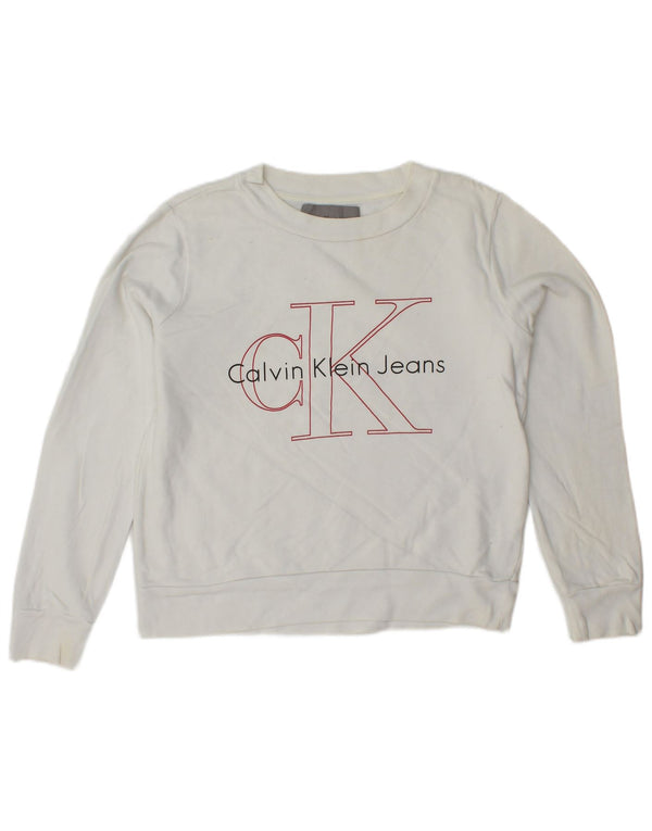 CALVIN KLEIN JEANS Damen Crop Graphic Sweatshirt Pullover UK 6 XS Weiß