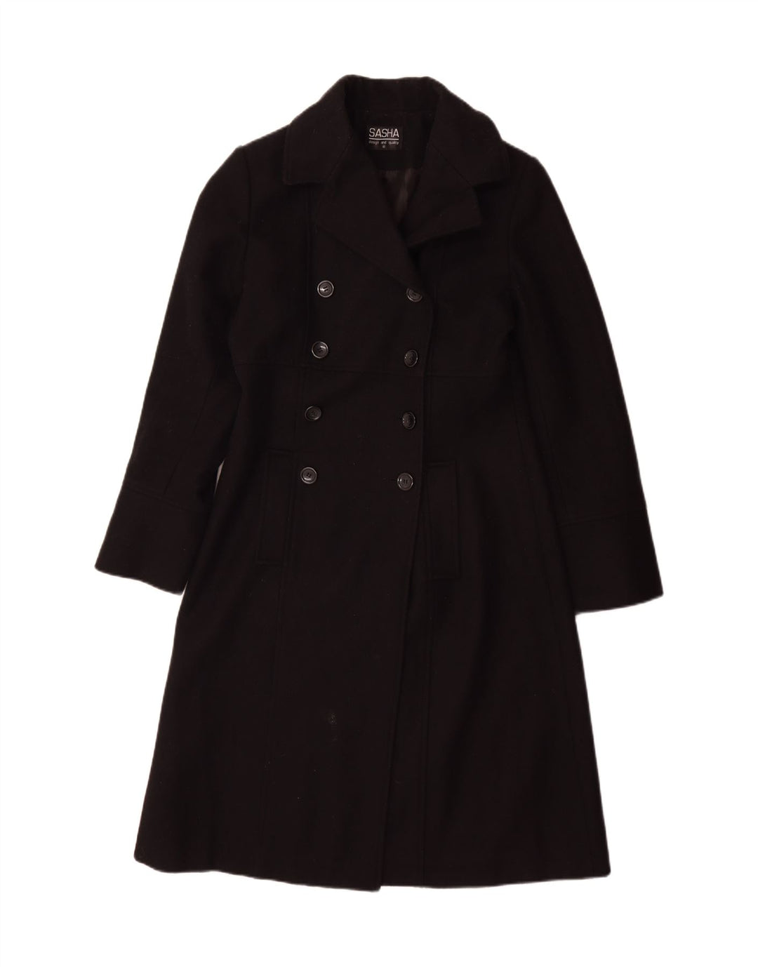 Sasha Damen Zweireihiger Mantel UK 10 Small Schwarze Wolle
