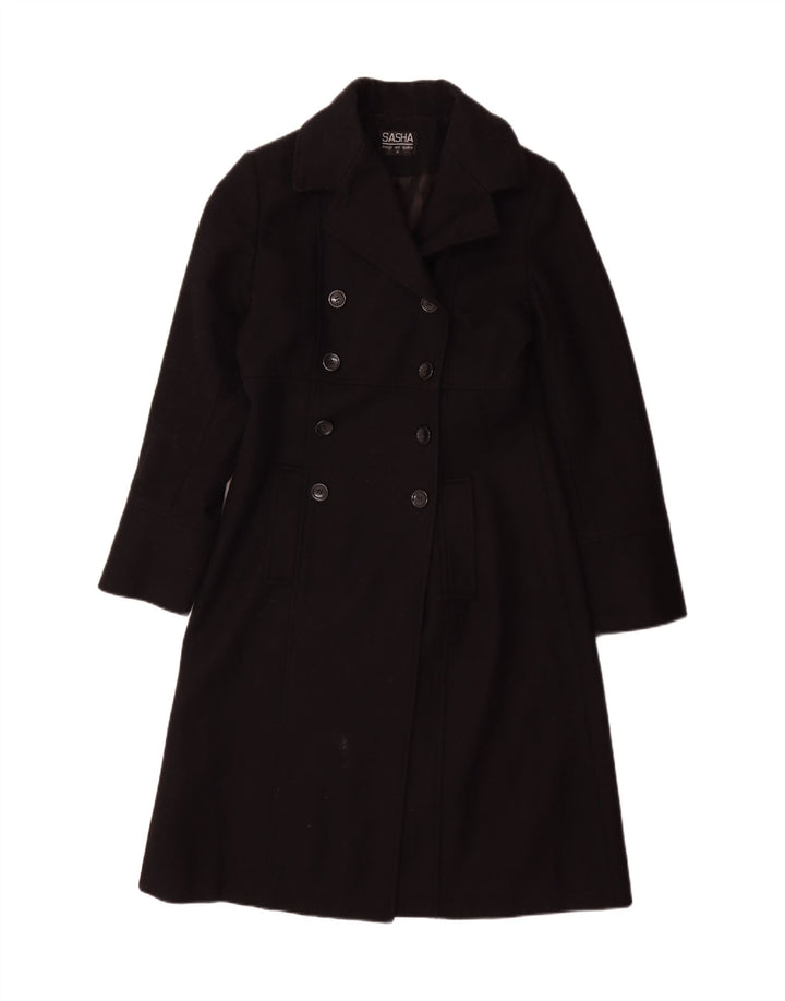 Sasha Damen Zweireihiger Mantel UK 10 Small Schwarze Wolle