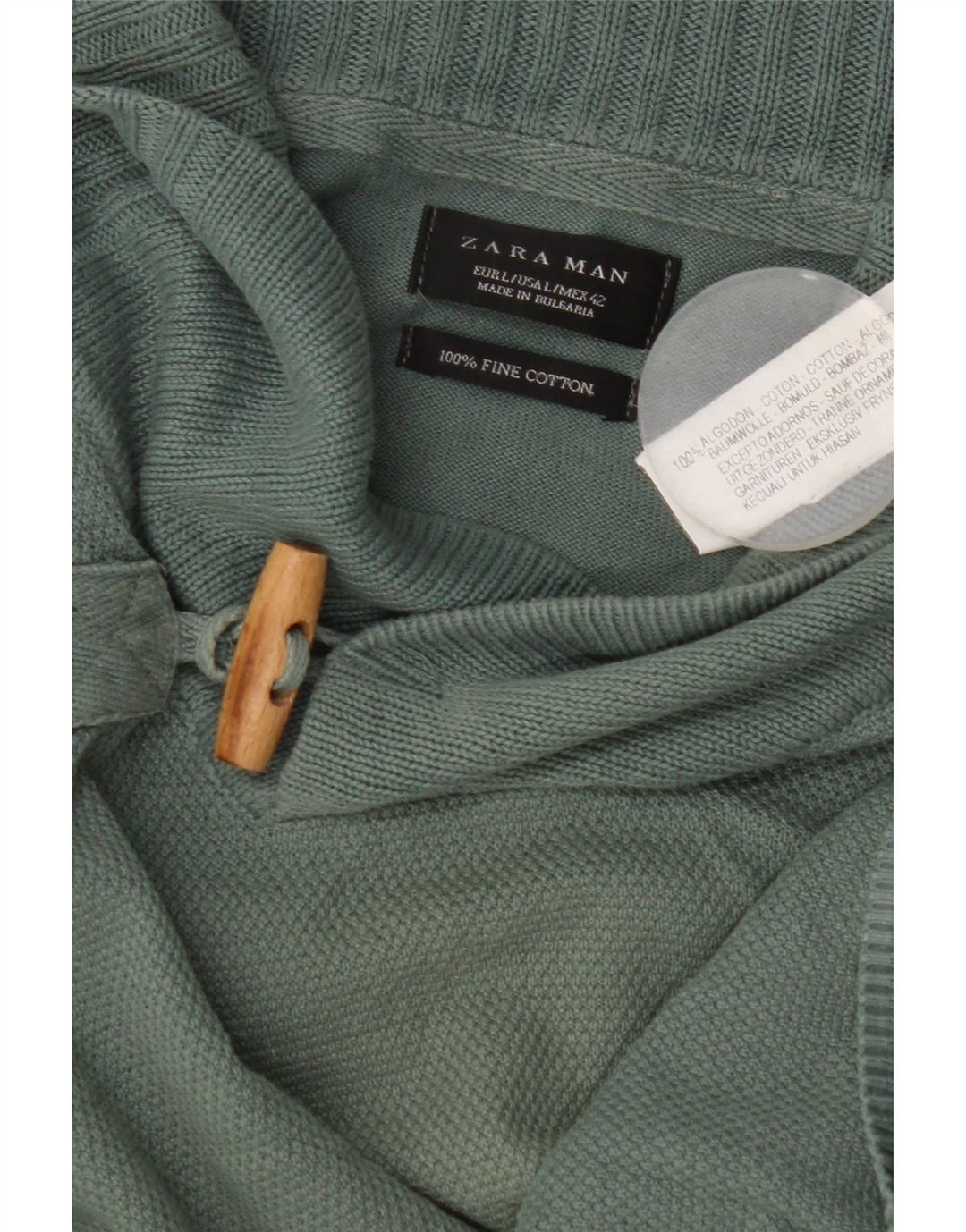 Zara Herren-Pullover mit Schalkragen, groß, grüne Baumwolle