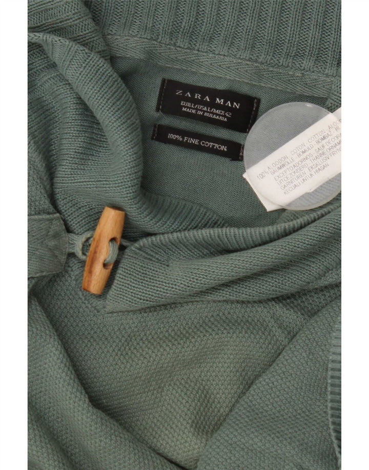 Zara Herren-Pullover mit Schalkragen, groß, grüne Baumwolle