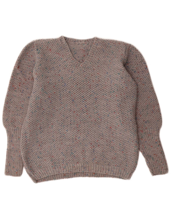 Vintage Damen V-Ausschnitt Pullover Pullover UK 16 Groß Grau meliert