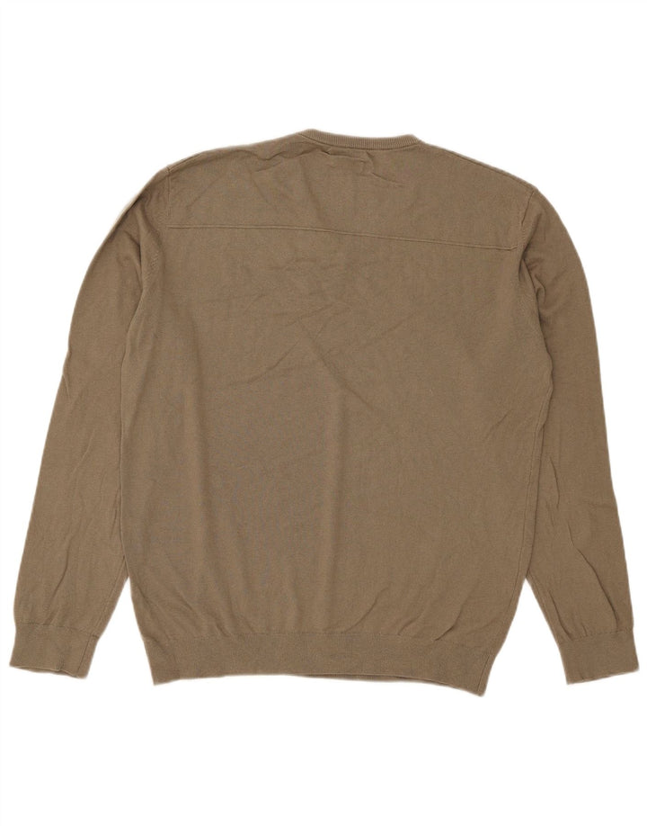 Massimo Dutti Herren-Pullover mit V-Ausschnitt, groß, Khaki, Baumwolle